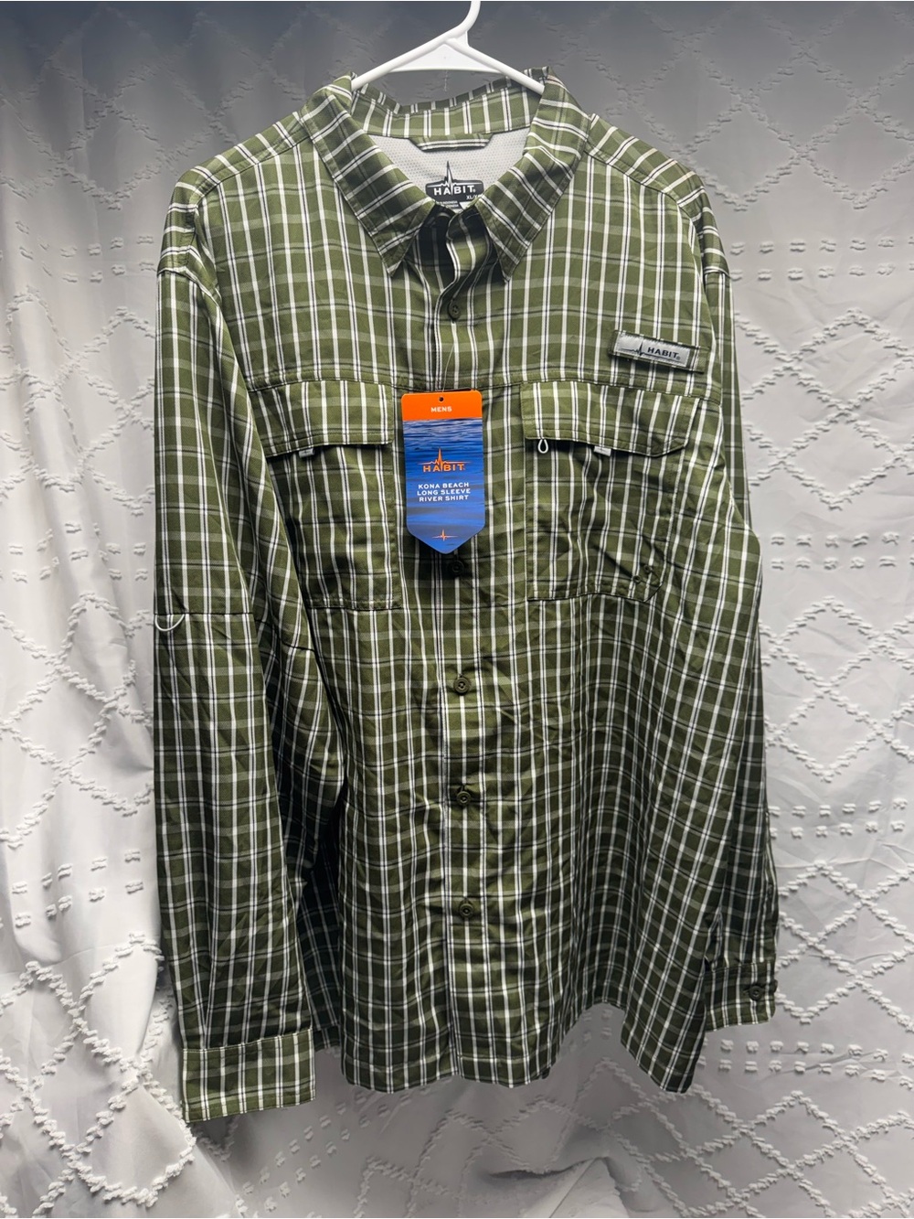 Habit Mens Kona Beach Long Sleeve River Shirt, Green Plaid